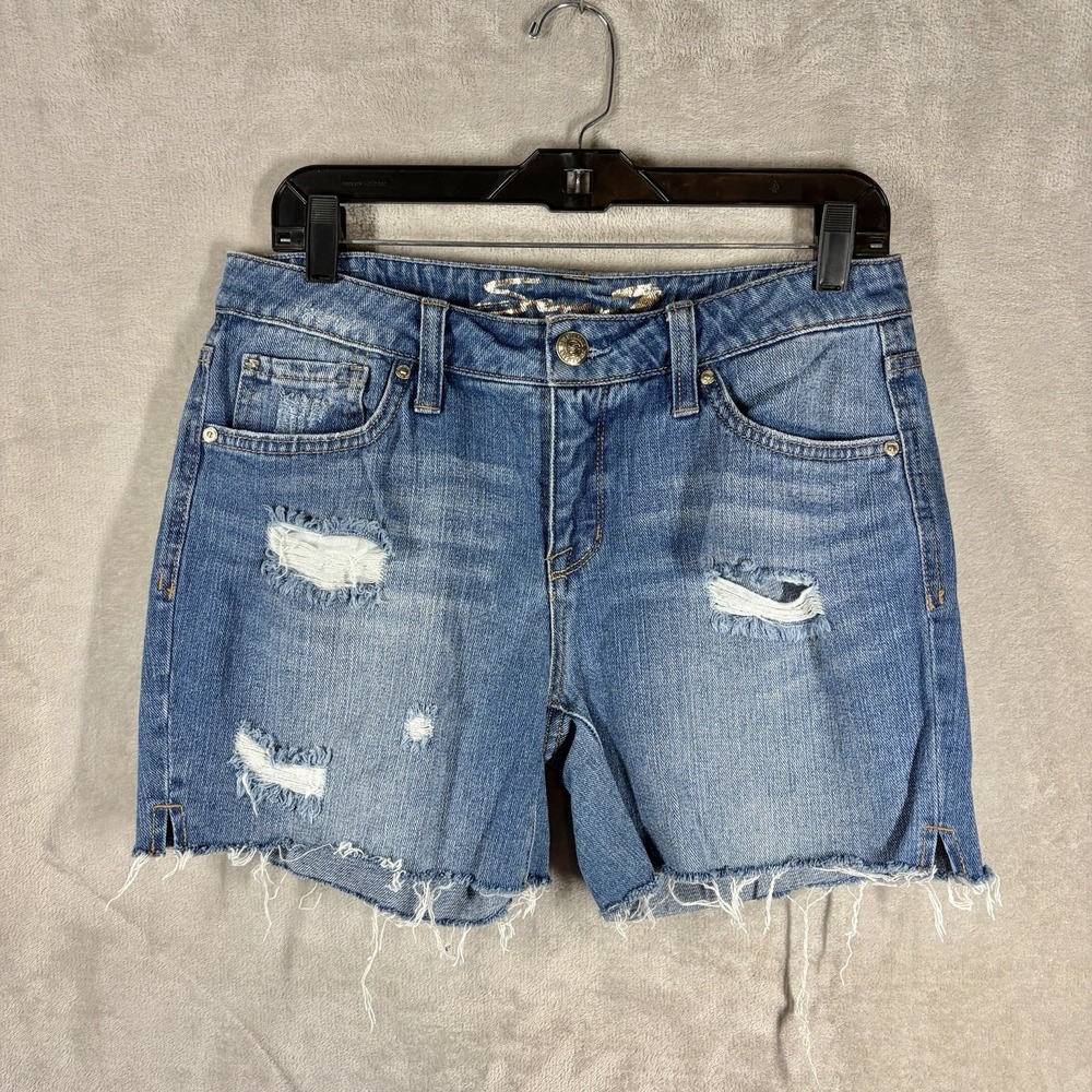 7 For All Mankind Weekend Denim Cutoff Shorts Size 4 Distressed Whiskers Edgy
